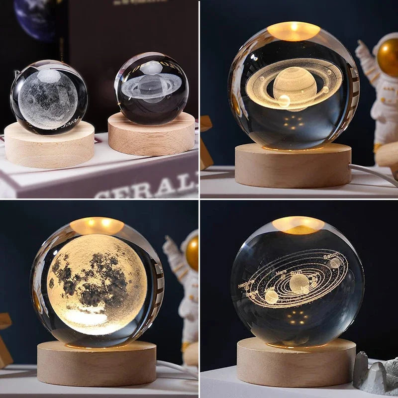 Luminous Crystal Ball LED Night Light Saturn Solar System 3D Moon Table Lamp USB Bedroom Atmosphere Lamp for Birthday Kid Gift