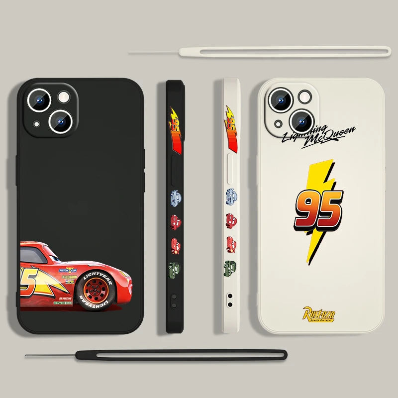 Funda de teléfono Cars Lightning McQueen para iPhone 15 14 13 12 11 8 7 SE , de silicona líquida con cuerda lateral.