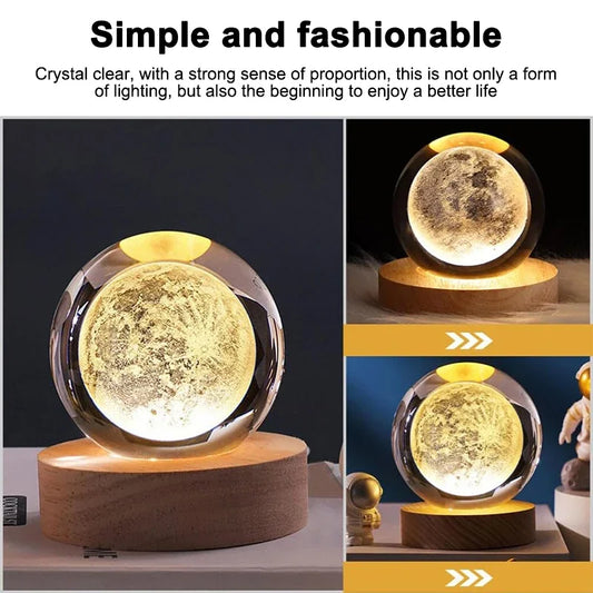 Luminous Crystal Ball LED Night Light Saturn Solar System 3D Moon Table Lamp USB Bedroom Atmosphere Lamp for Birthday Kid Gift