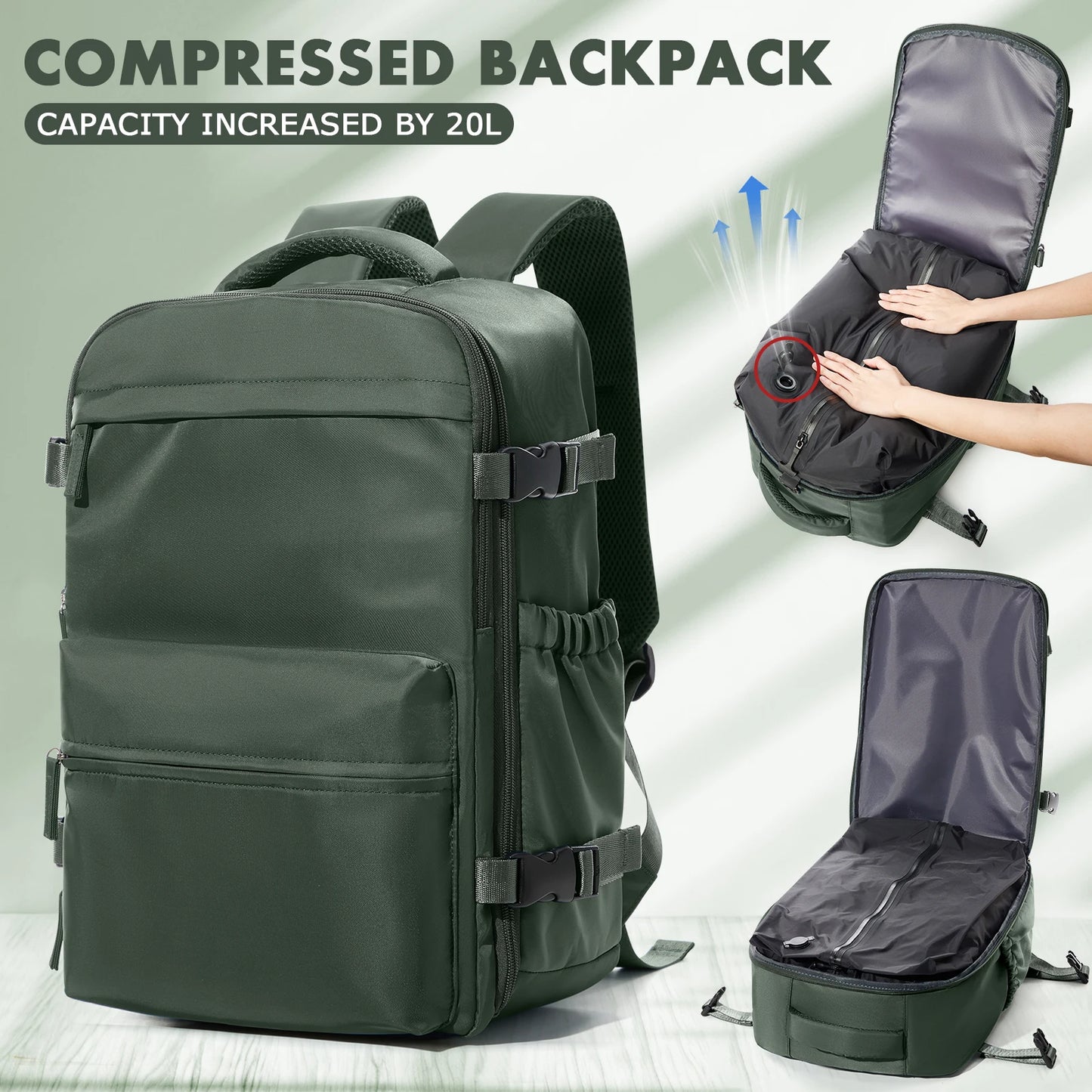 Mochila de viaje con compresión al vacío - Para hombres y mujeres, mochila universitaria, de negocios, portátil y compatible con cabina de avión.