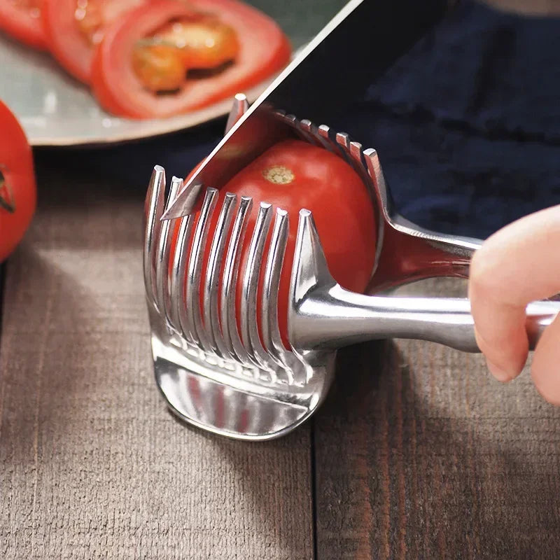 Steel support for safely cutting vegetables and fruits.