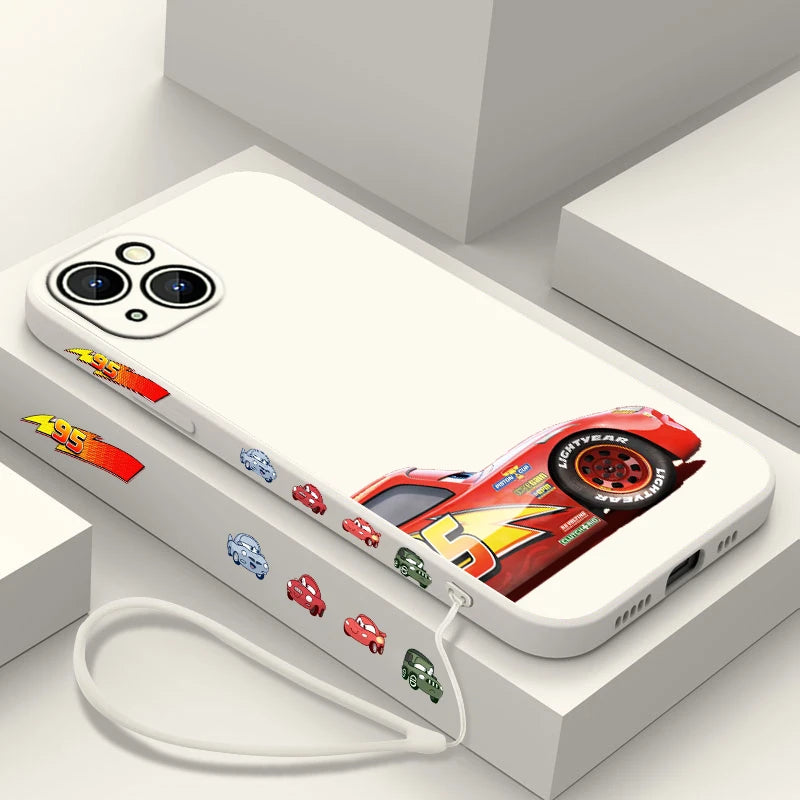 Funda de teléfono Cars Lightning McQueen para iPhone 15 14 13 12 11 8 7 SE , de silicona líquida con cuerda lateral.