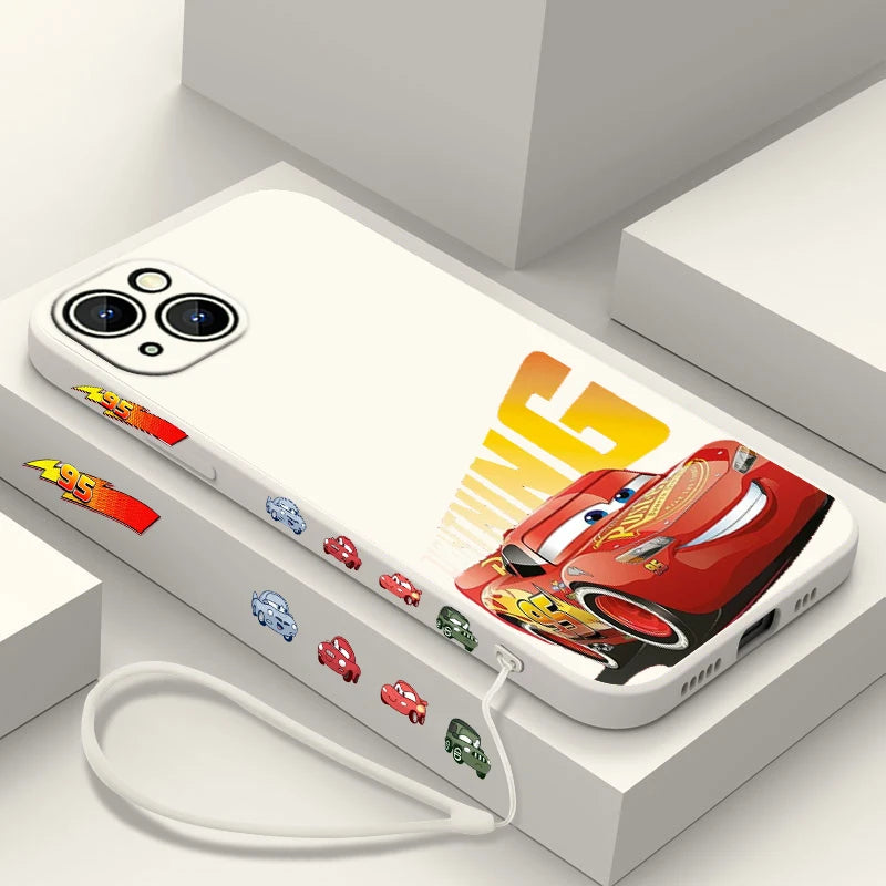 Funda de teléfono Cars Lightning McQueen para iPhone 15 14 13 12 11 8 7 SE , de silicona líquida con cuerda lateral.