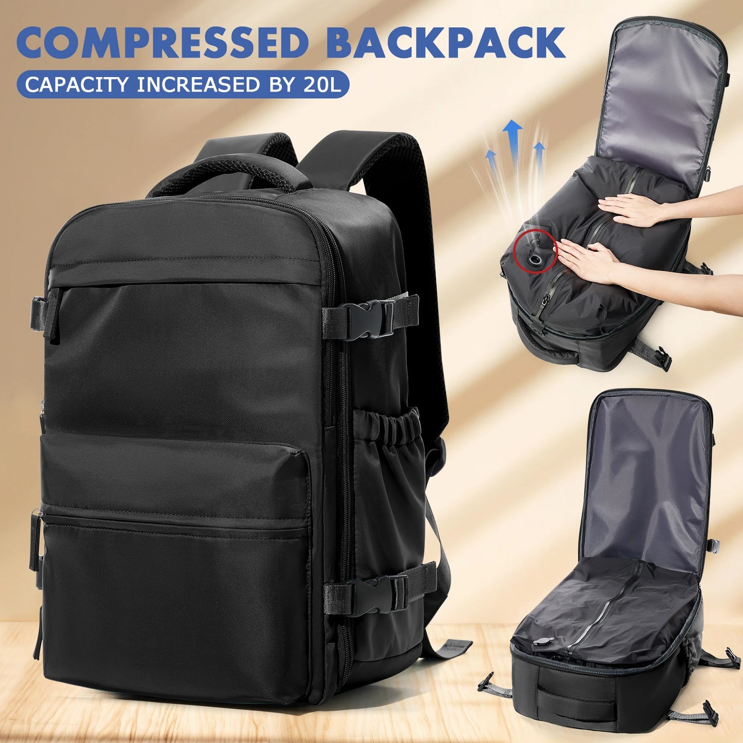 Mochila de viaje con compresión al vacío - Para hombres y mujeres, mochila universitaria, de negocios, portátil y compatible con cabina de avión.