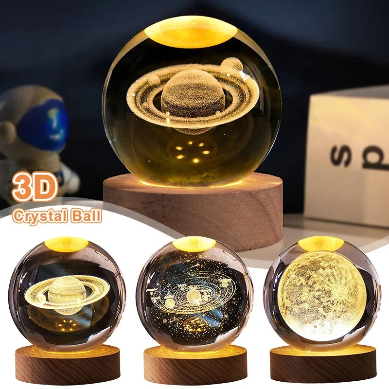 Luminous Crystal Ball LED Night Light Saturn Solar System 3D Moon Table Lamp USB Bedroom Atmosphere Lamp for Birthday Kid Gift