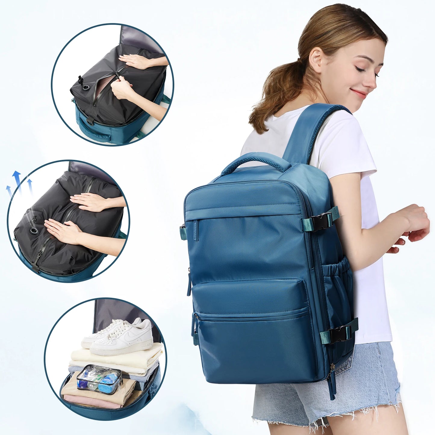 Mochila de viaje con compresión al vacío - Para hombres y mujeres, mochila universitaria, de negocios, portátil y compatible con cabina de avión.